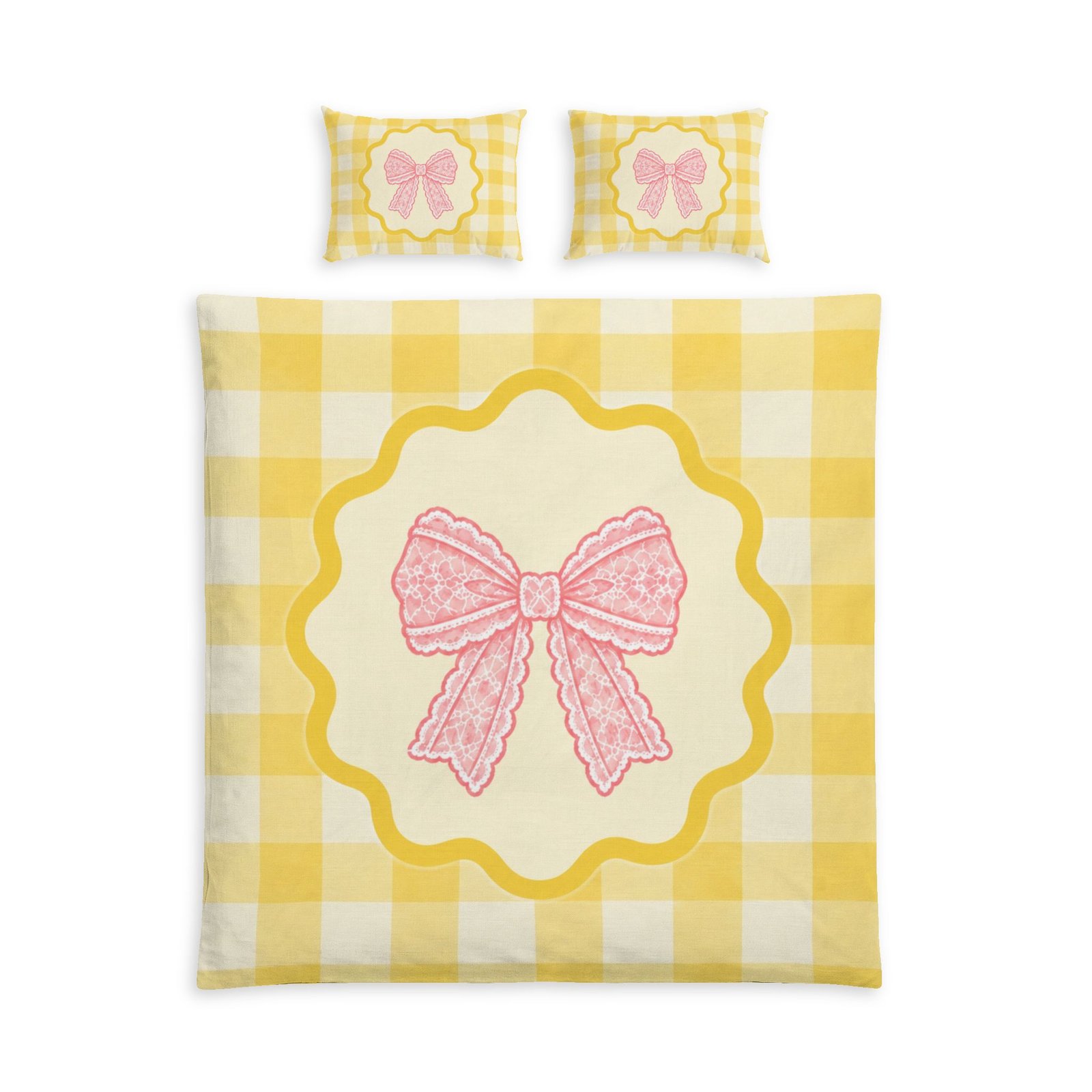 Yellow Gingham Bow Cotton Bed Set - Image 7