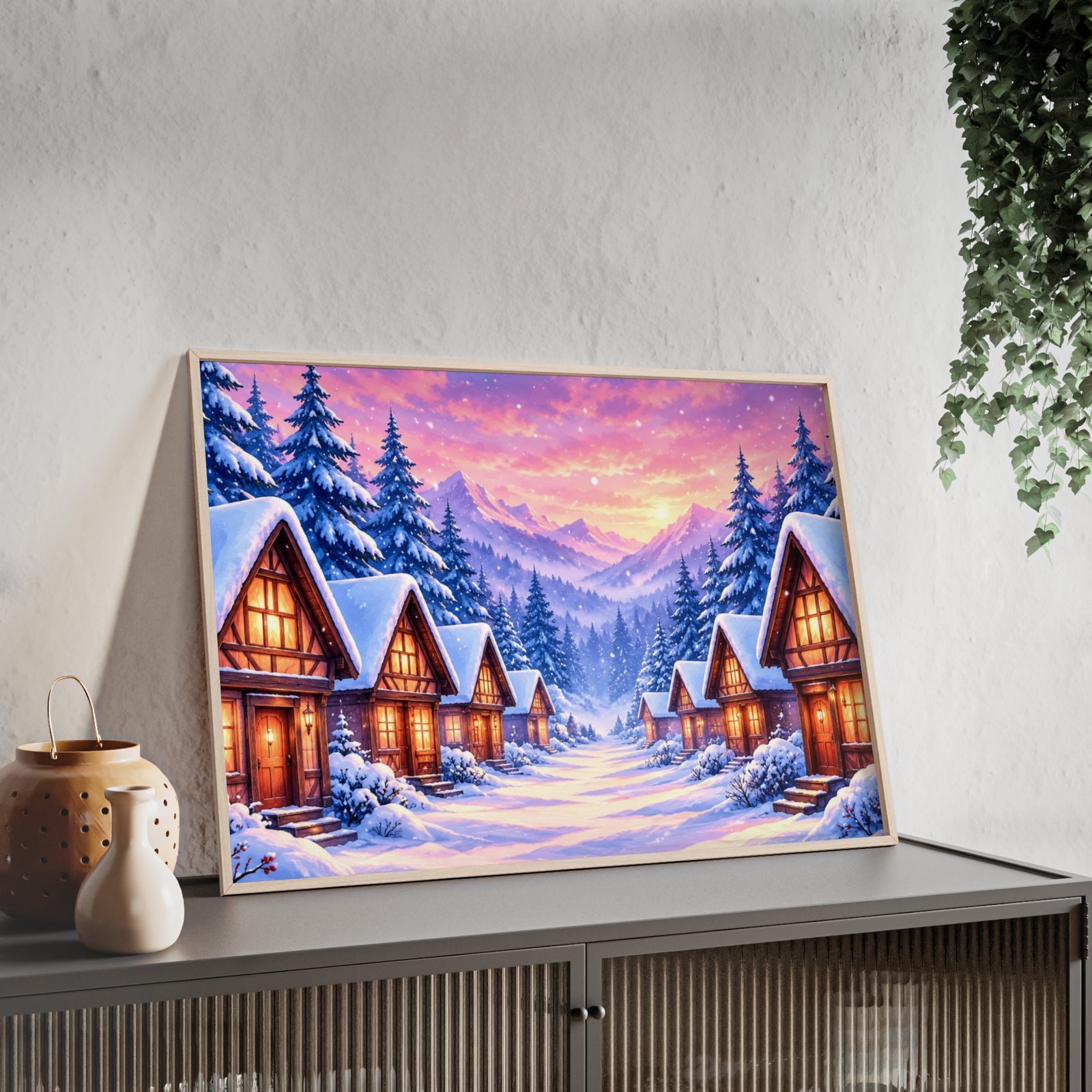 Framed Winter Village Sunset Poster - Image 2