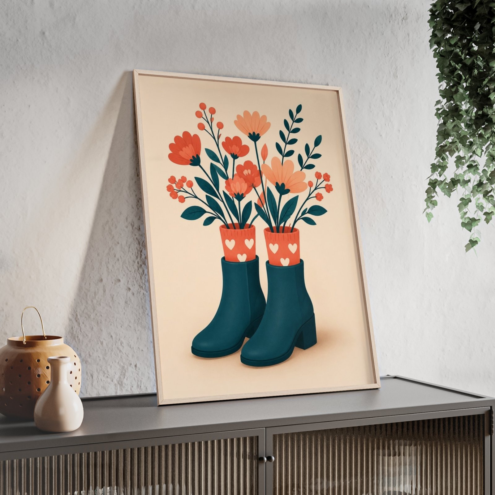 Framed Poster with Floral Rain Boots Illustration - Image 2