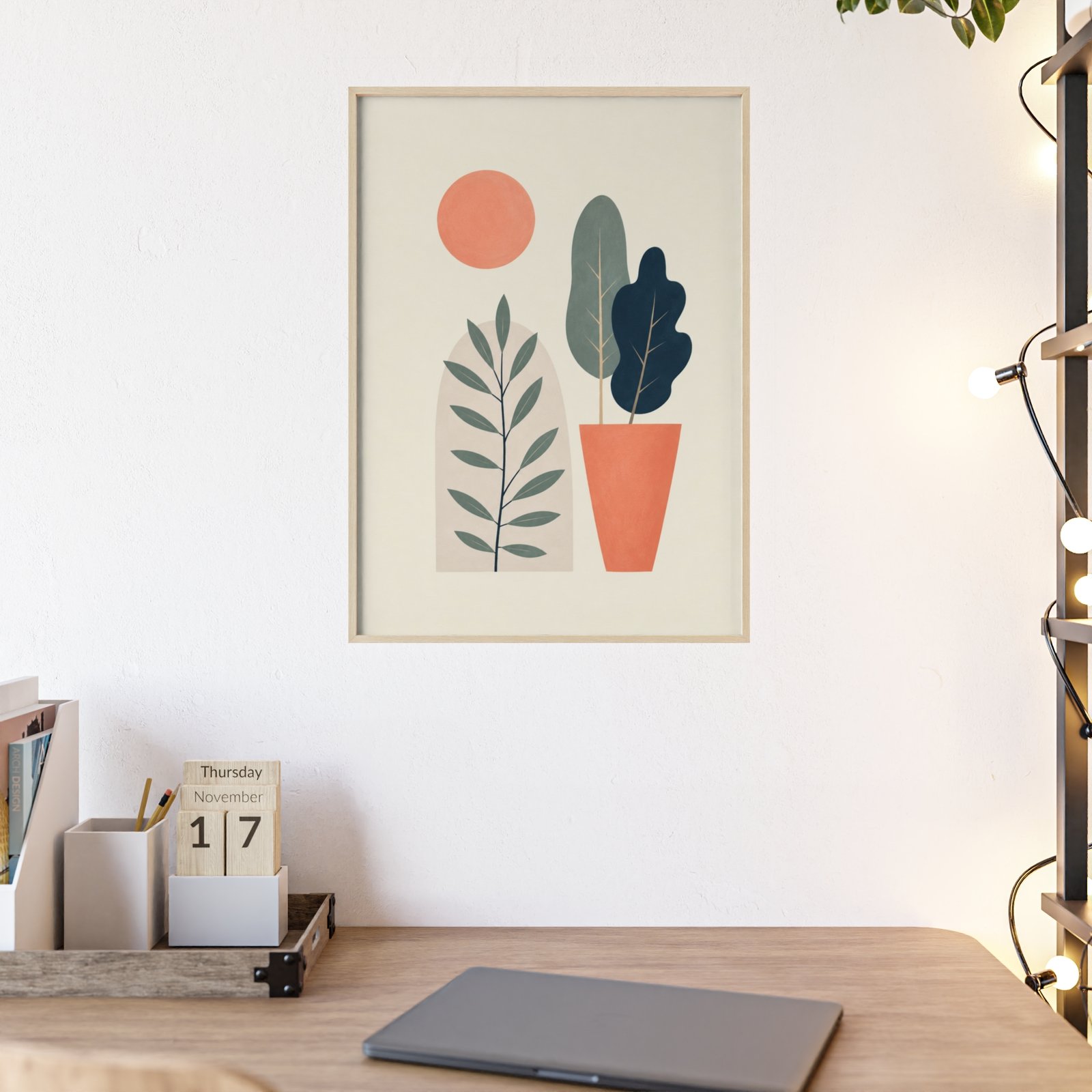 Warm Sun & Leaves Minimalist Poster with Wooden Frame - Image 2