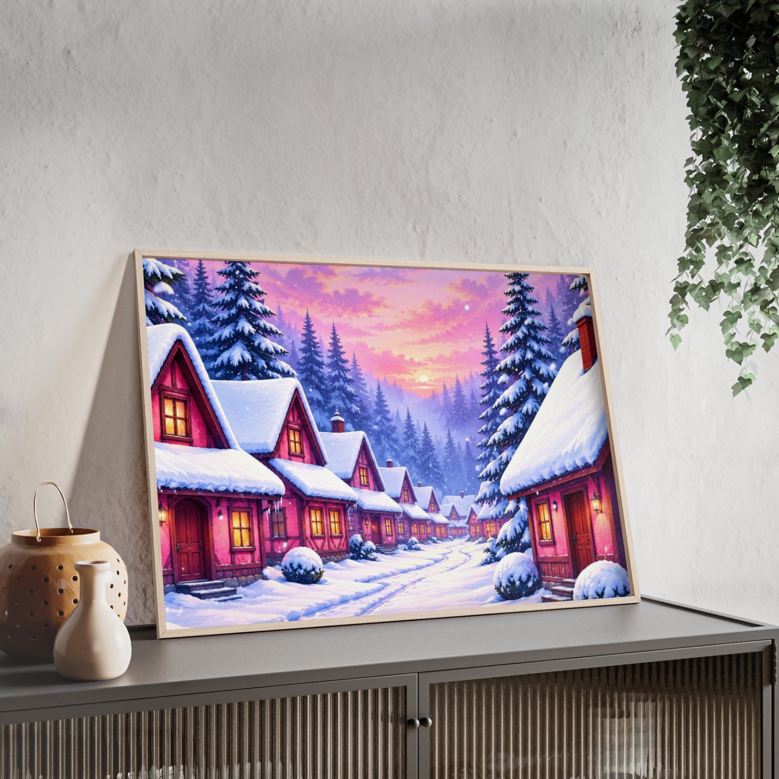 Framed Poster – Cozy Winter Village Christmas Snow Scene Wall Art - Image 2