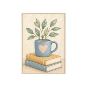 Framed Poster – Cozy Blue Mug, Books & Botanical Plant Wall Art