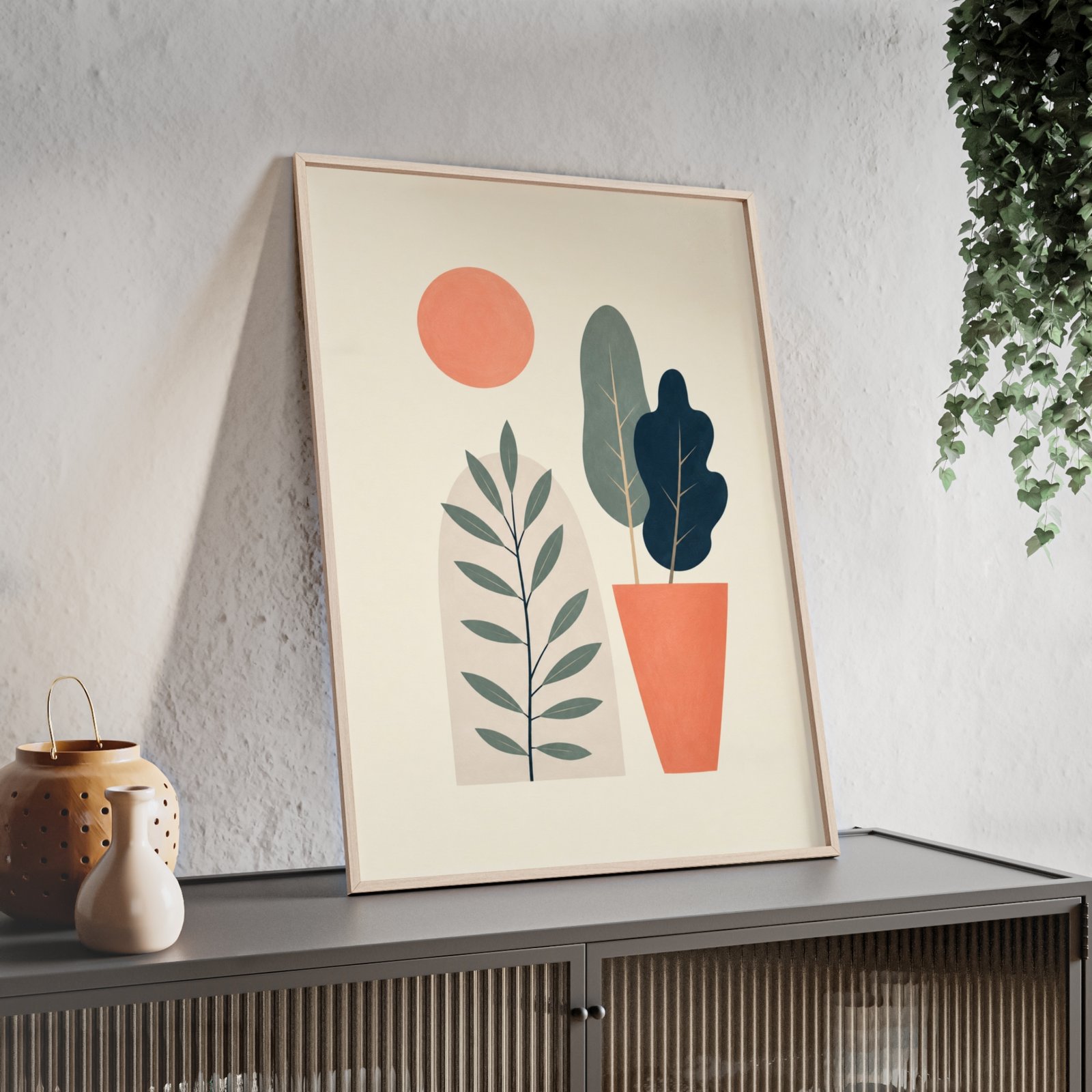 Warm Sun & Leaves Minimalist Poster with Wooden Frame