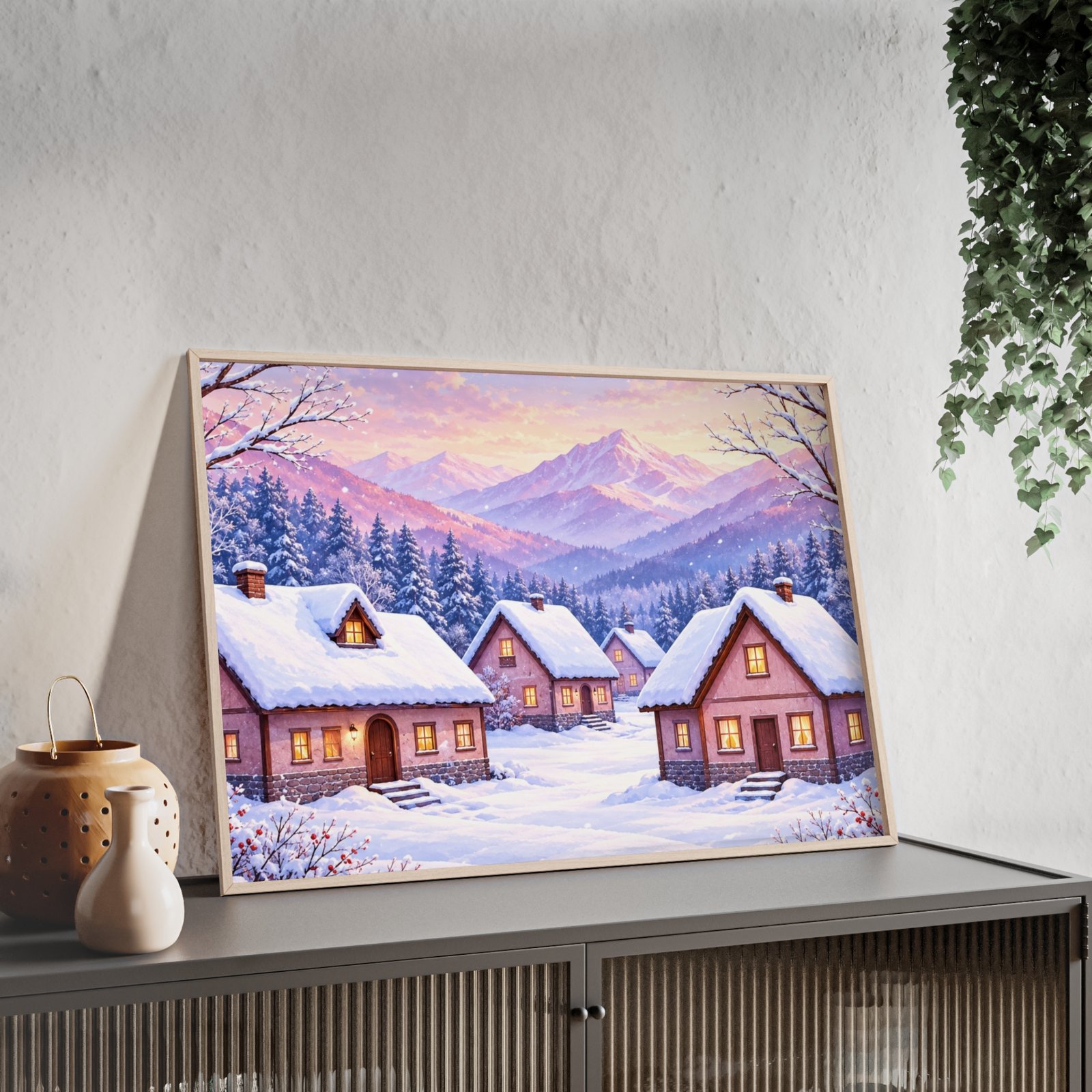 Framed Winter Village Mountain Landscape Poster - Image 2