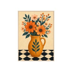 Framed Floral Vase Poster – Vintage Orange Flowers and Checkered Tabletop Wall Art