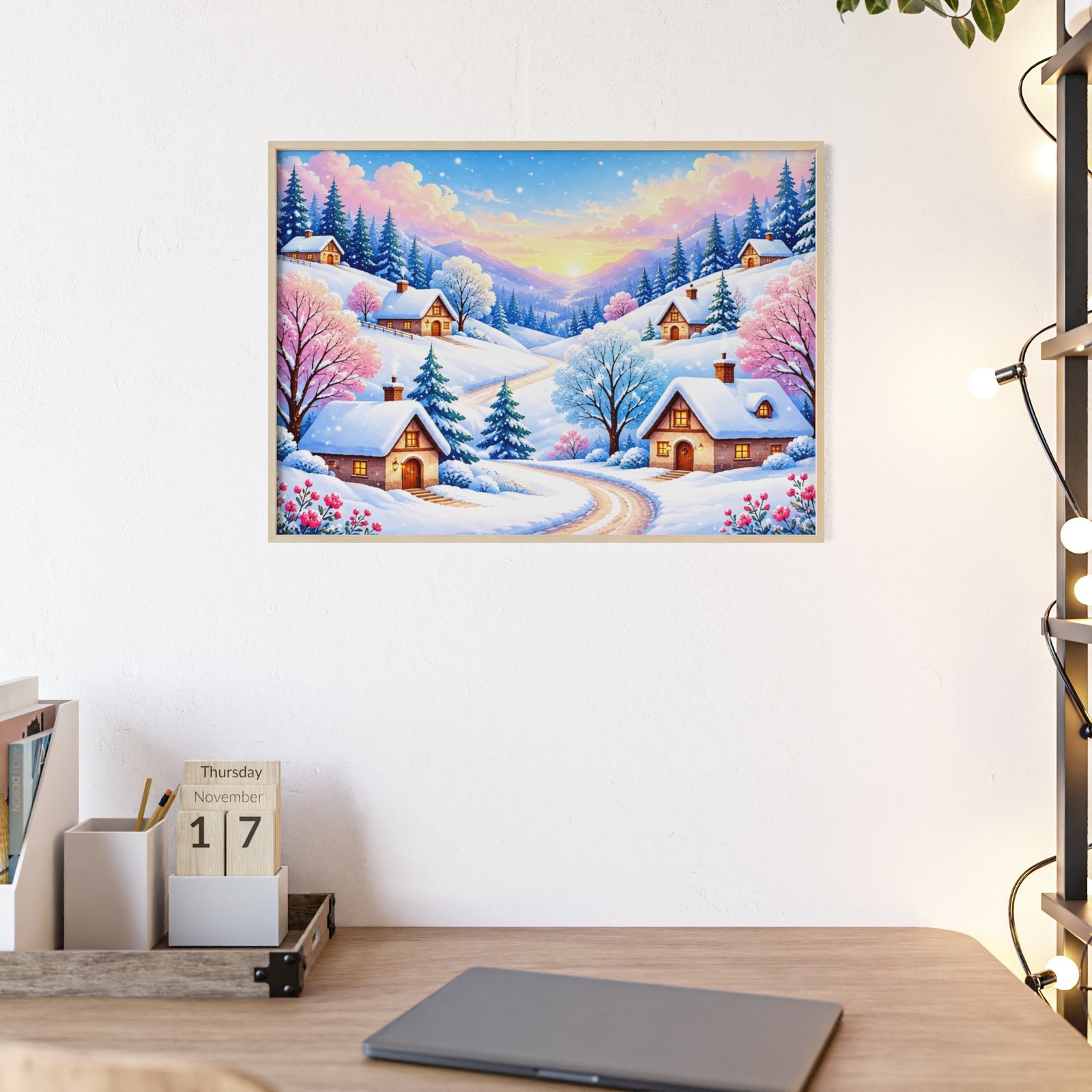 Winter Village Wooden Frame Poster