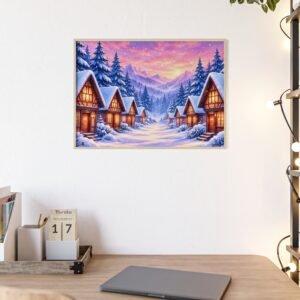 Framed Winter Village Sunset Poster