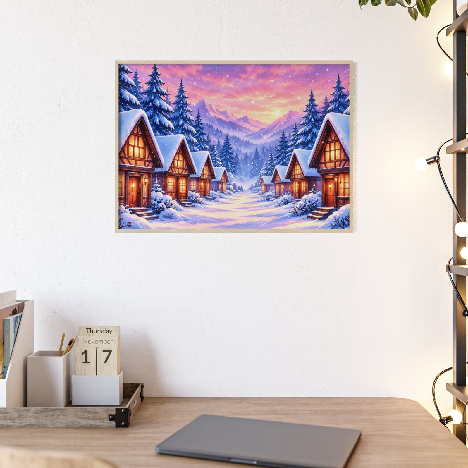 Framed Winter Village Sunset Poster