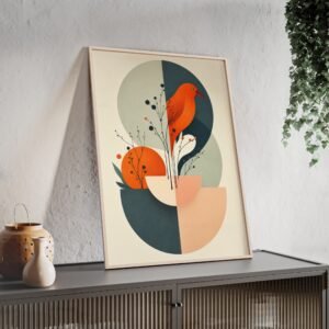 Minimalist  Modern Geometric Orange Bird Framed Poster Wall Art