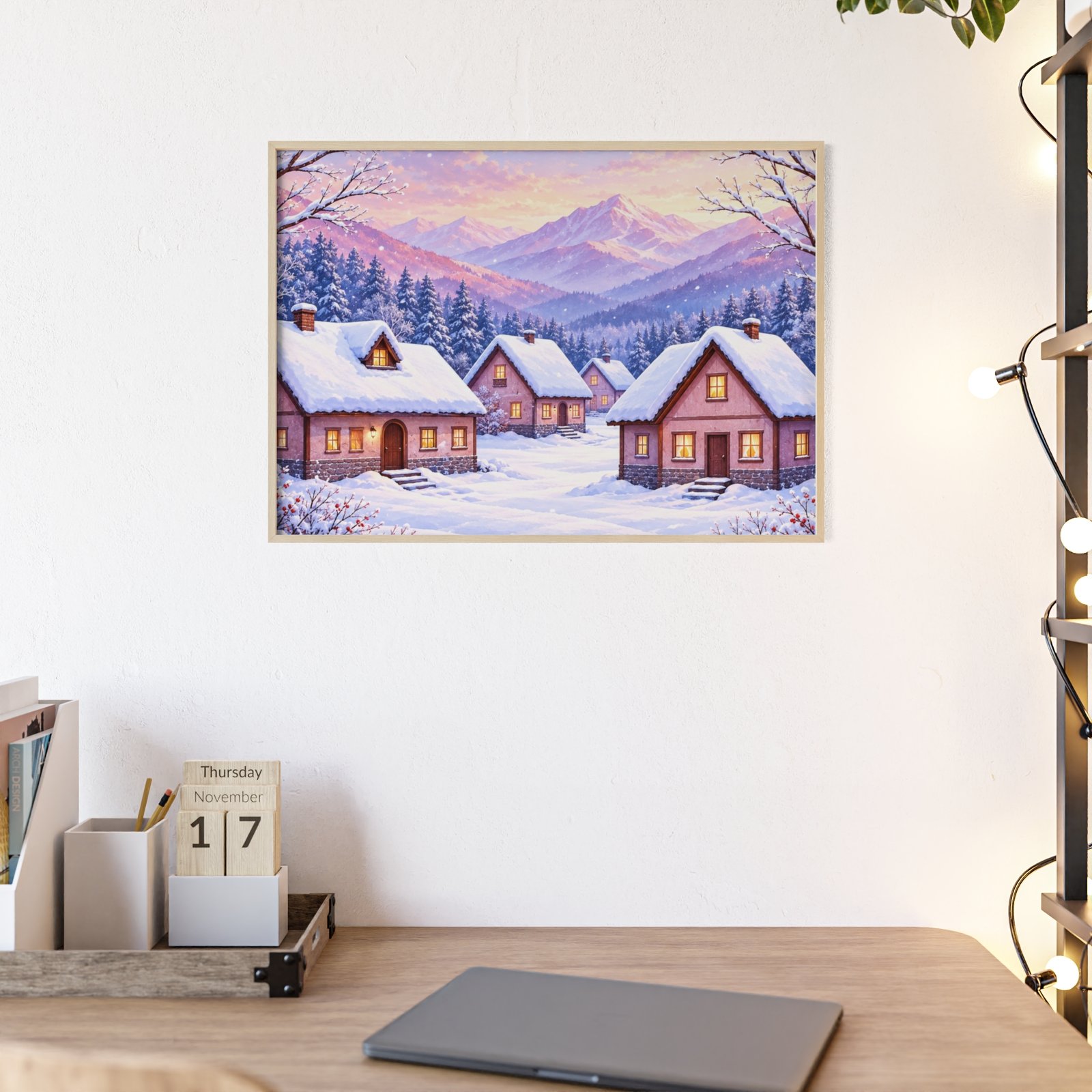 Framed Winter Village Mountain Landscape Poster