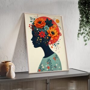 Floral Woman Silhouette Minimalist Poster with Wooden Frame