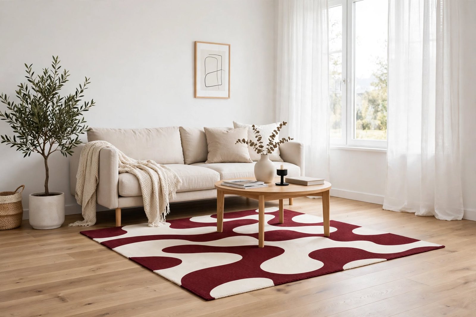 Retro Burgundy Abstract Wavy Chenille Rug - Image 3