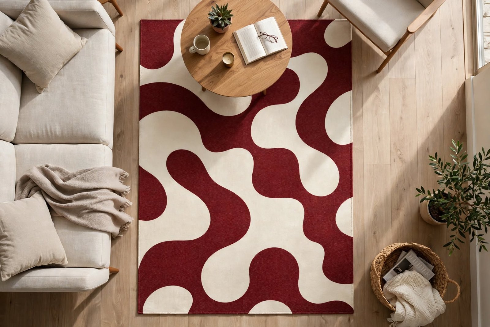 Retro Burgundy Abstract Wavy Chenille Rug - Image 4