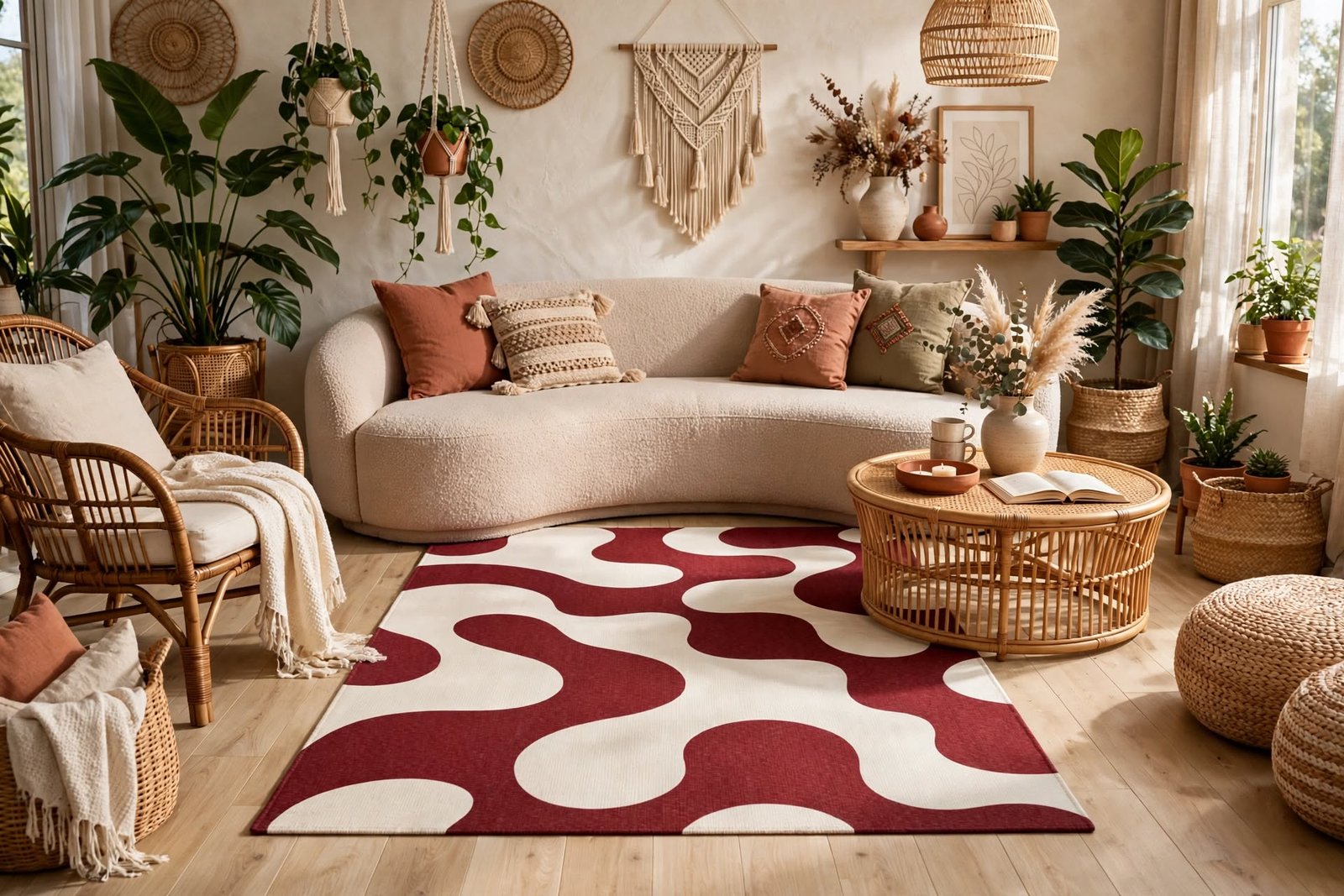 Retro Burgundy Abstract Wavy Chenille Rug - Image 2