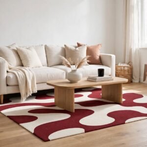 Retro Burgundy Abstract Wavy Chenille Rug