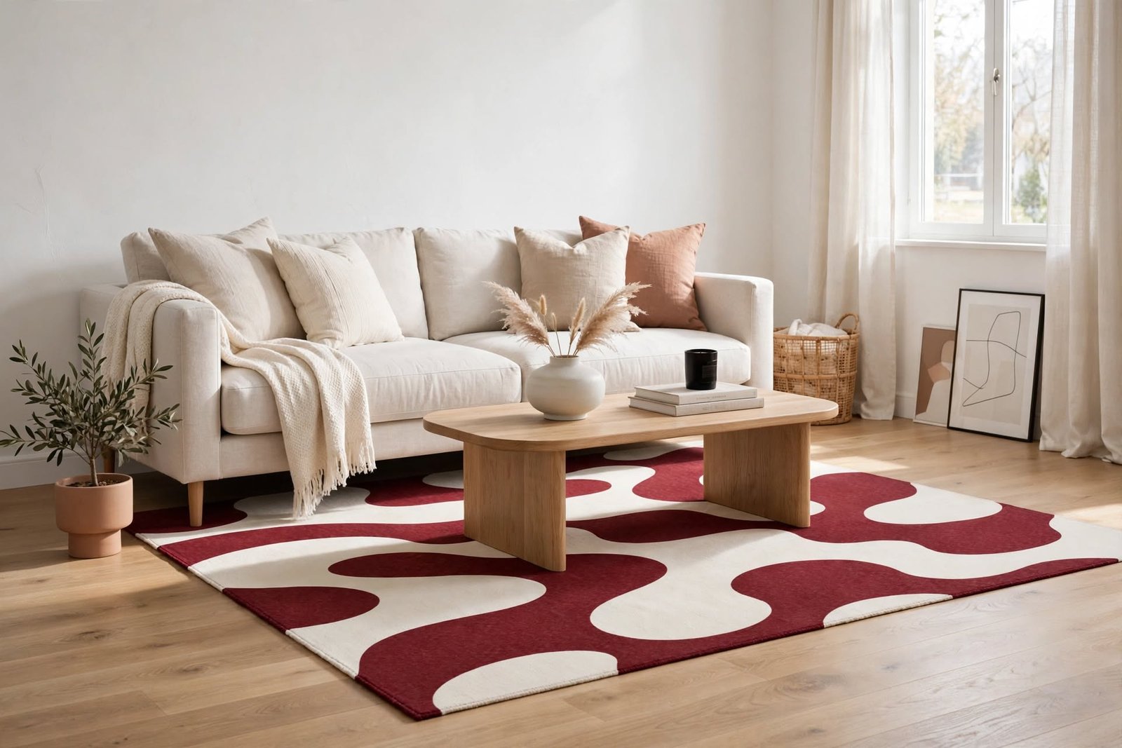 Retro Burgundy Abstract Wavy Chenille Rug