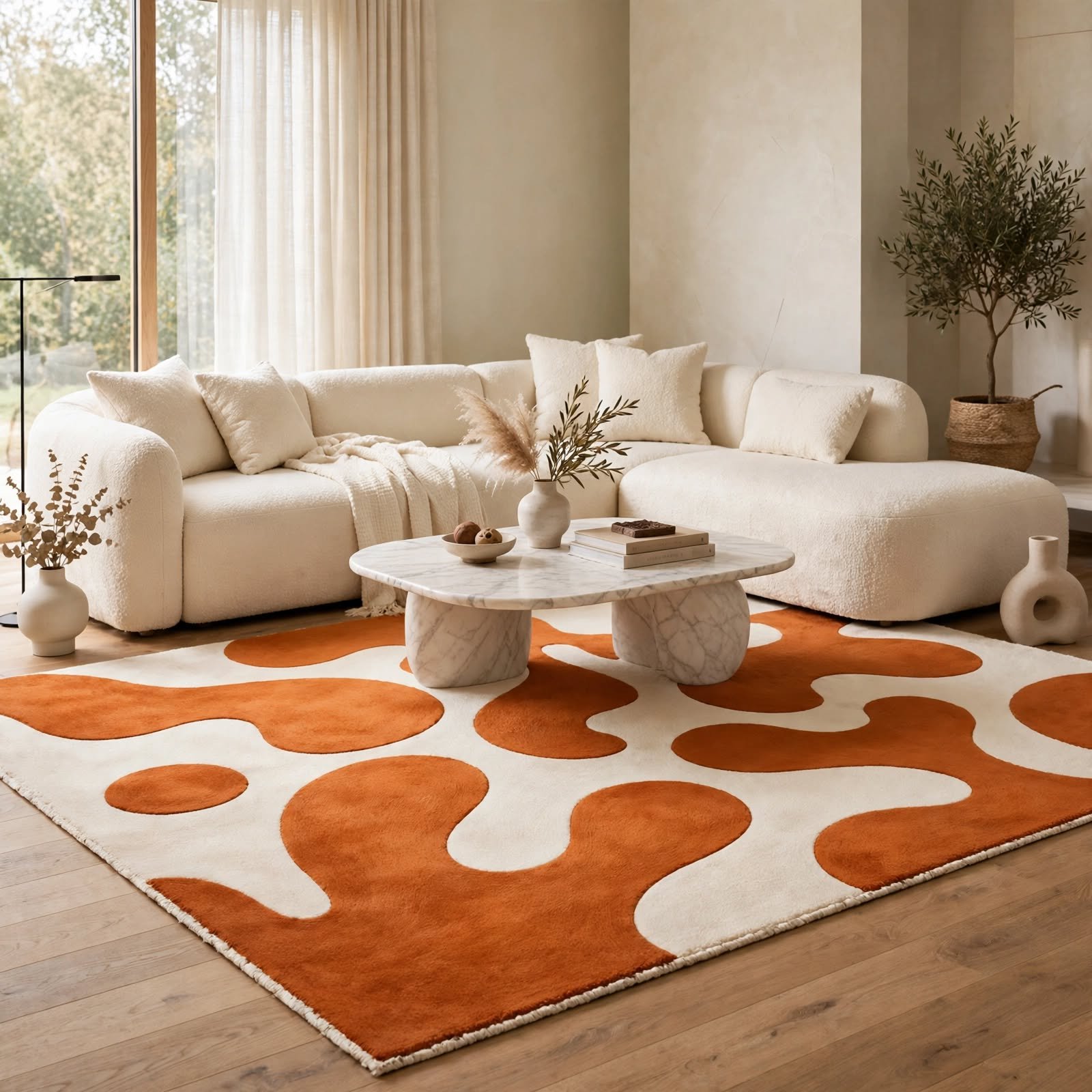 Orange Abstract Organic Shapes Washable Chenille Rug - Image 3