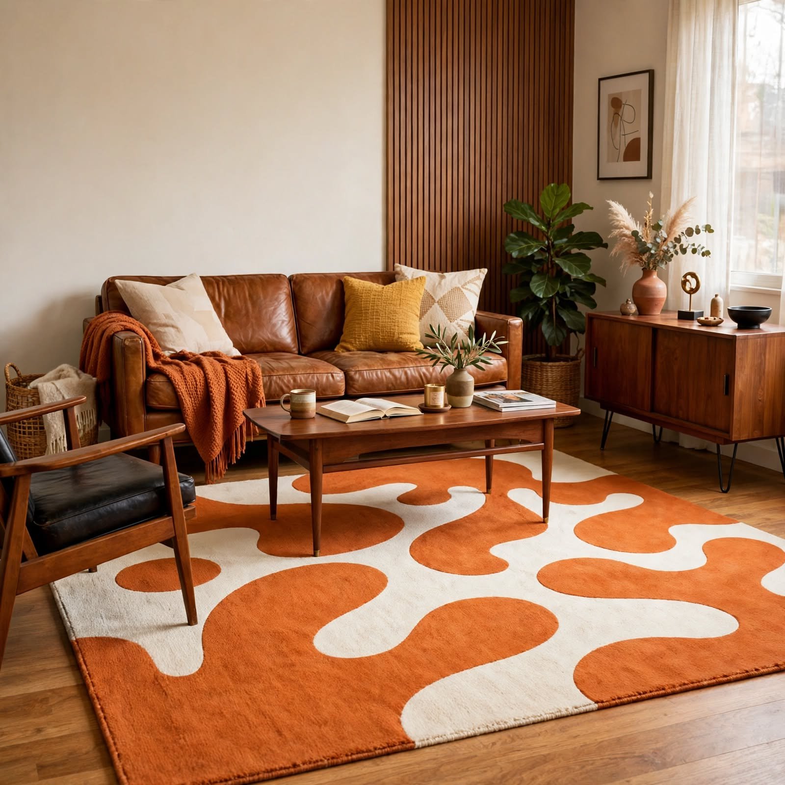 Orange Abstract Organic Shapes Washable Chenille Rug - Image 4