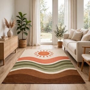 Retro Sunset Waves Washable Chenille Rug