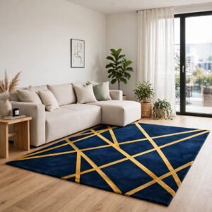 Navy and Gold Geometric Chenille Rug