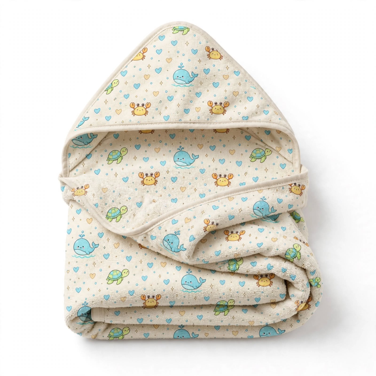 Hooded Baby Towel with Cute Ocean Animals and Hearts - Image 3