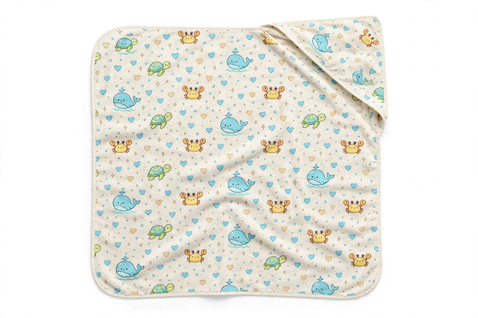 Hooded Baby Towel with Cute Ocean Animals and Hearts - Image 6