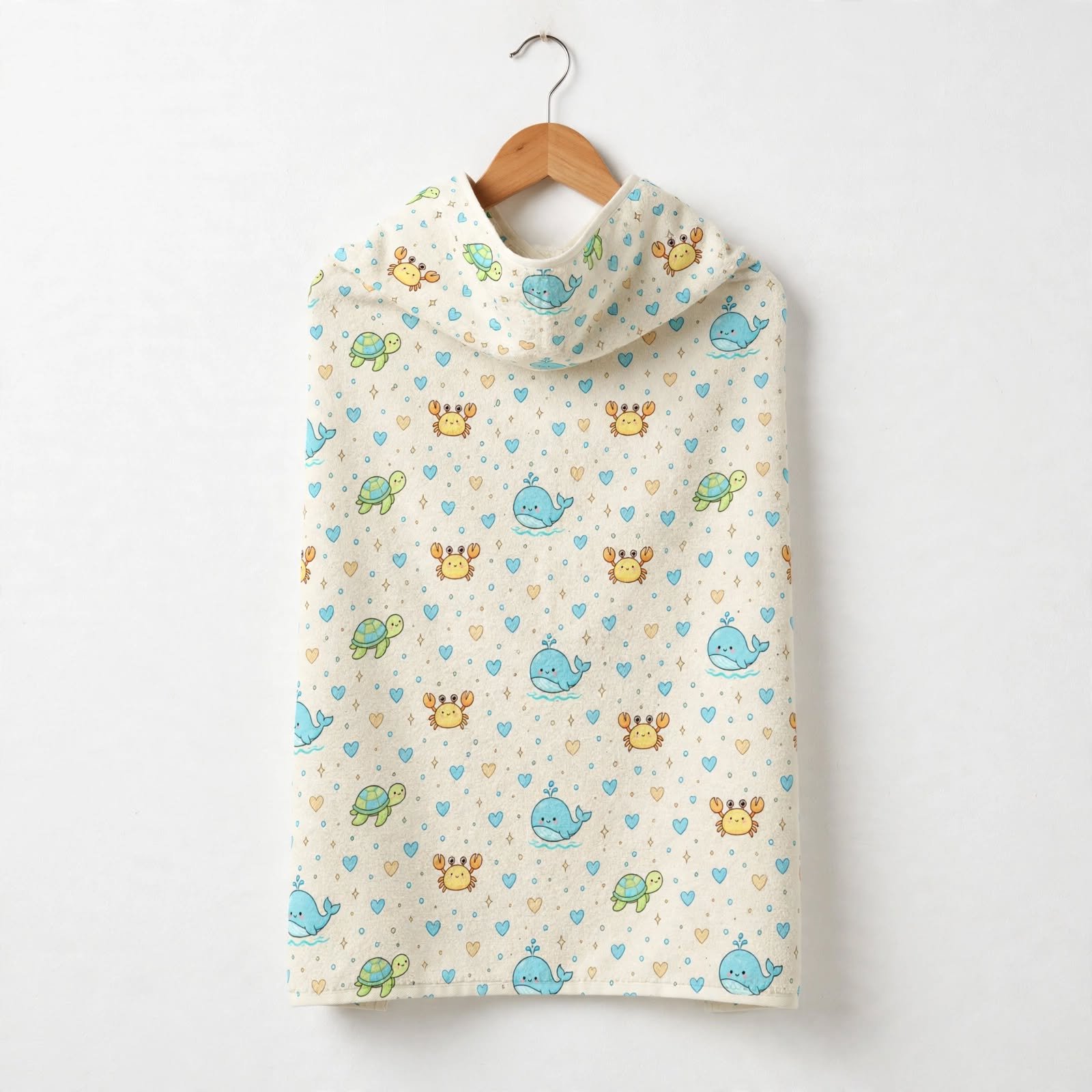 Hooded Baby Towel with Cute Ocean Animals and Hearts