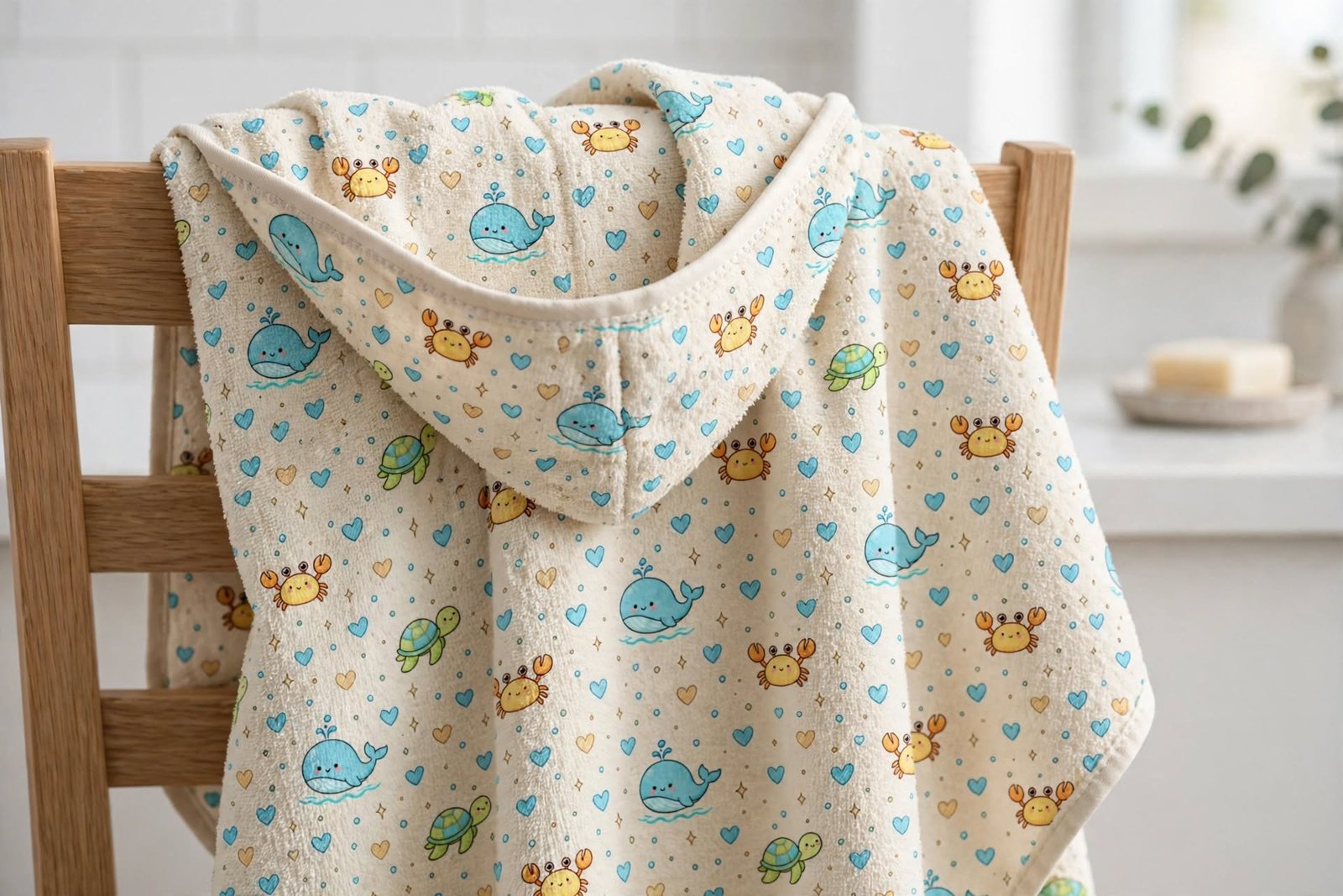 Hooded Baby Towel with Cute Ocean Animals and Hearts - Image 2