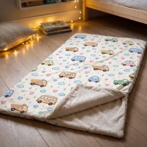 Minky Sleeping Bag with Colorful Cars, Trucks & Hearts for Kids