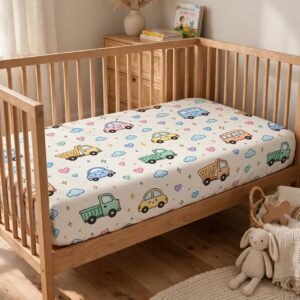 Baby Fitted Crib Sheet with Colorful Cars, Trucks & Hearts