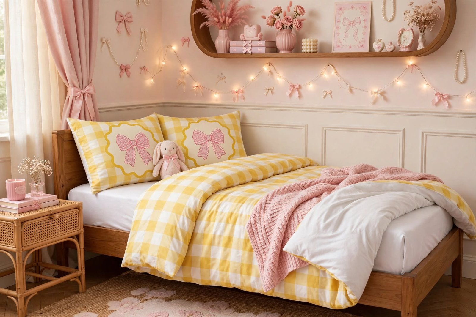 Yellow Gingham Bow Cotton Bed Set - Image 2