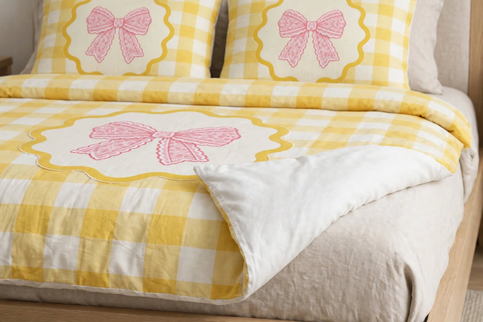 Yellow Gingham Bow Cotton Bed Set - Image 3