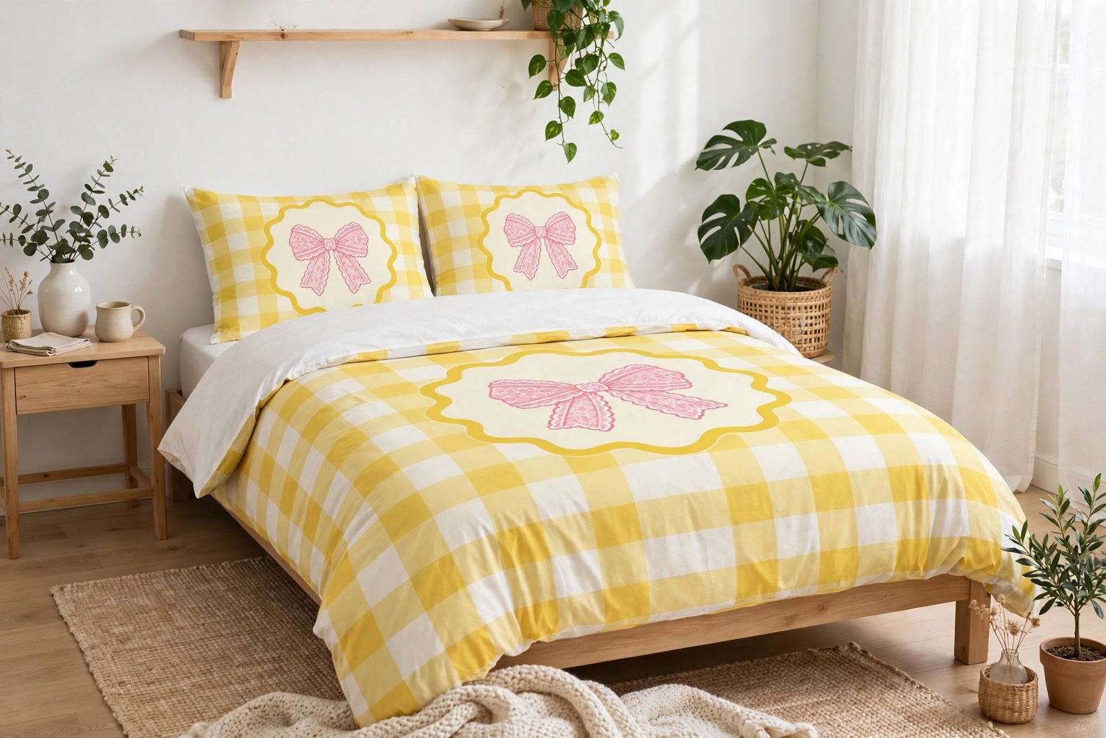 Yellow Gingham Bow Cotton Bed Set - Image 4