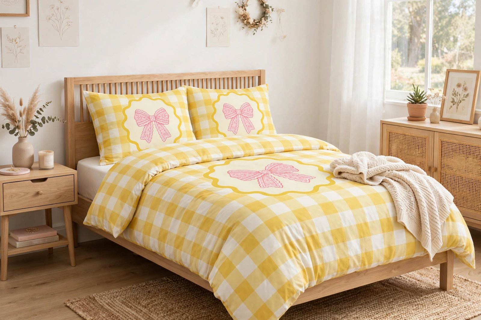 Yellow Gingham Bow Cotton Bed Set