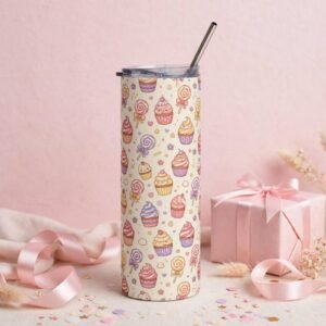 20oz Stainless Steel Tumbler with Colorful Cupcake and Candy Design