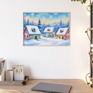 Winter Village Snowy Christmas Poster with Wooden Frame