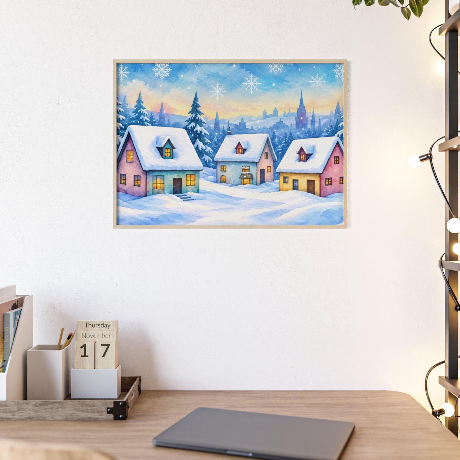 Winter Village Snowy Christmas Poster with Wooden Frame