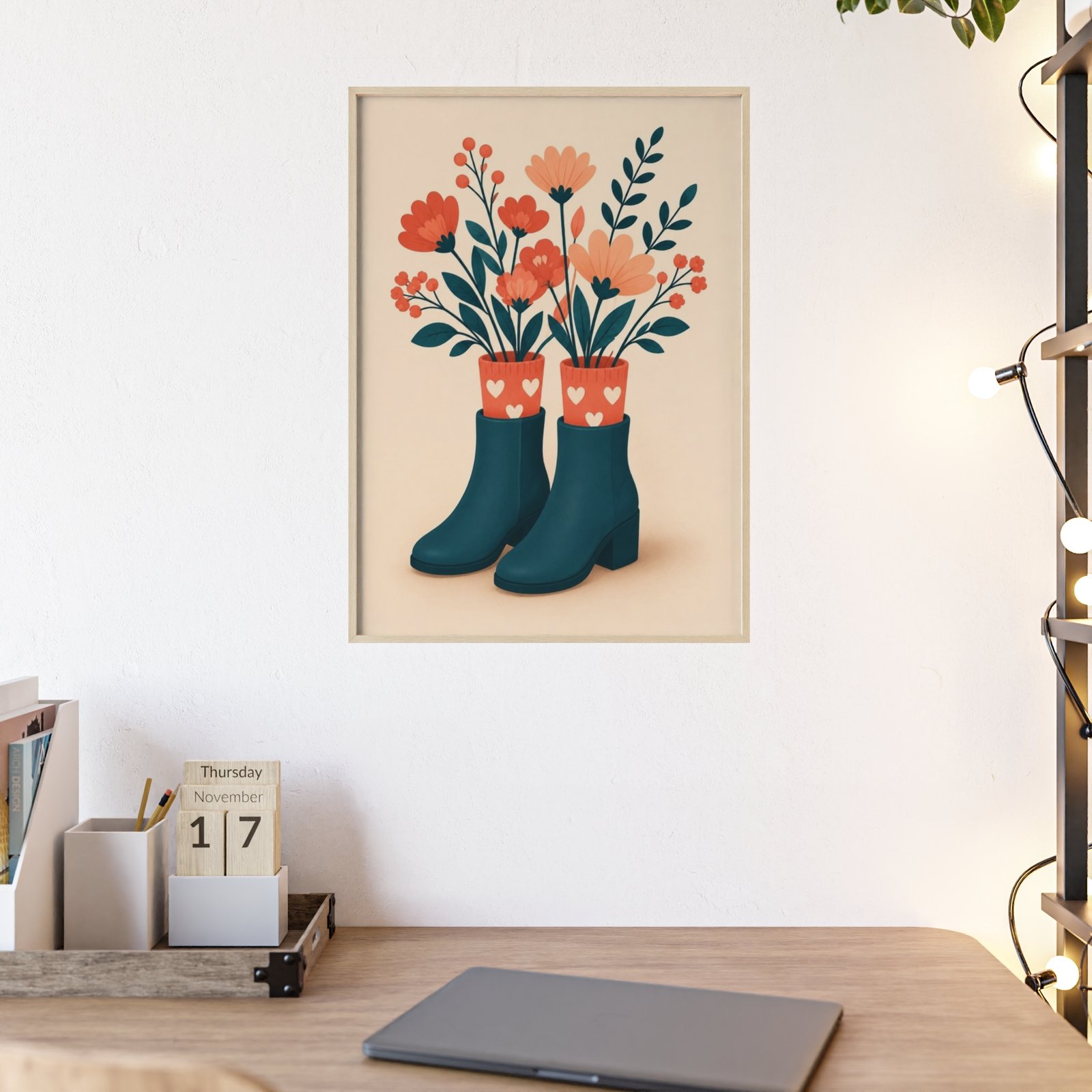 Framed Poster with Floral Rain Boots Illustration - Image 3