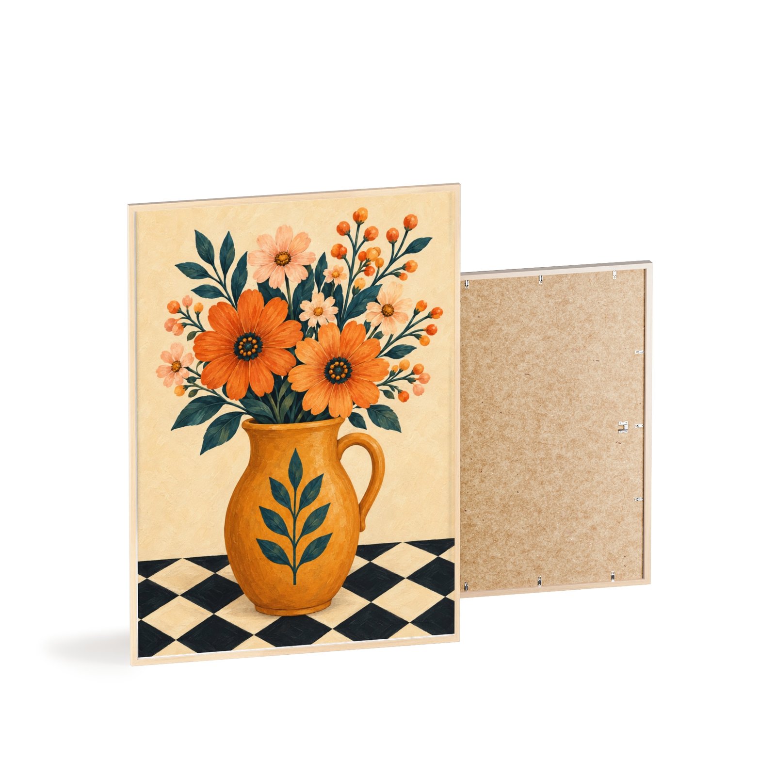 Framed Floral Vase Poster – Vintage Orange Flowers and Checkered Tabletop Wall Art - Image 3