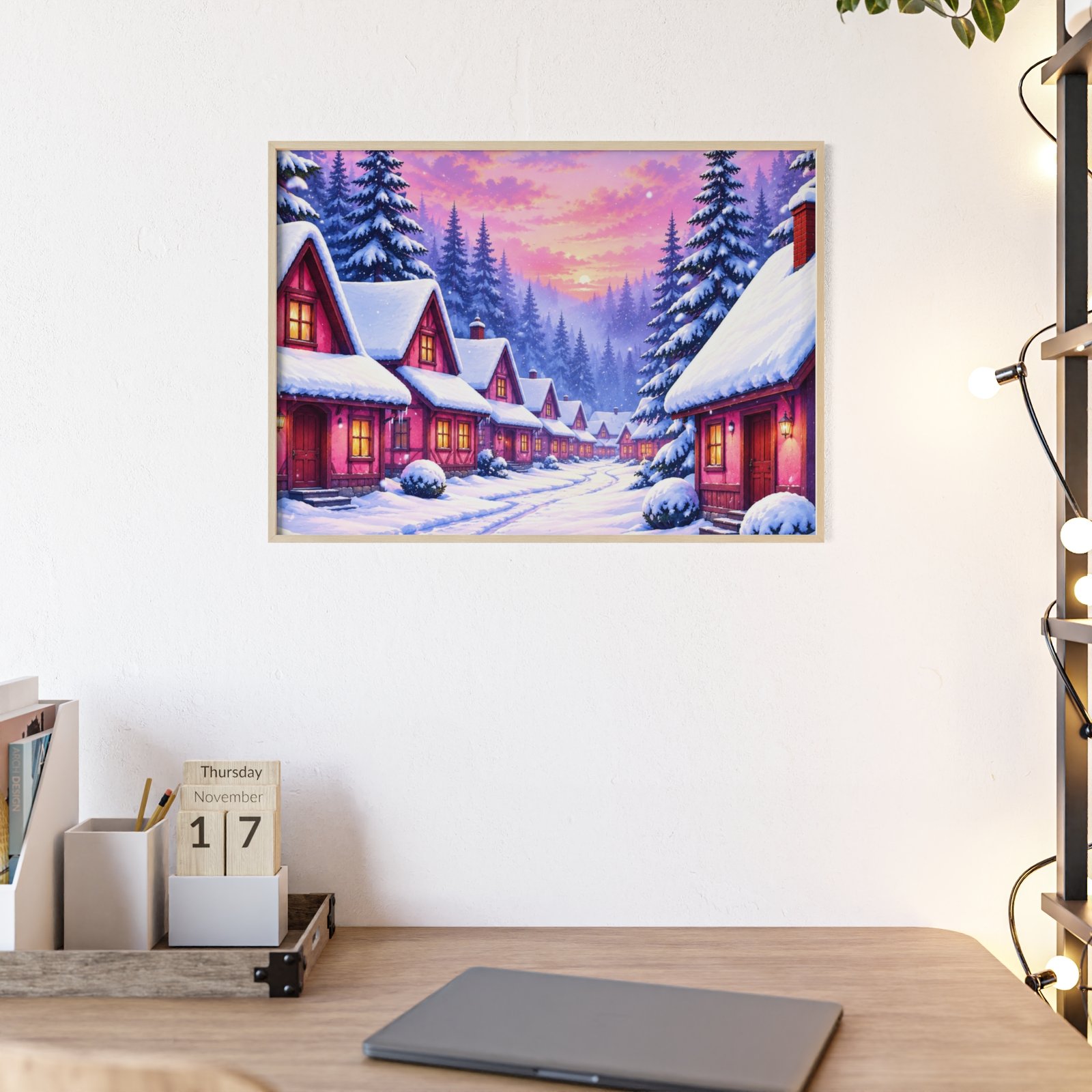 Framed Poster – Cozy Winter Village Christmas Snow Scene Wall Art
