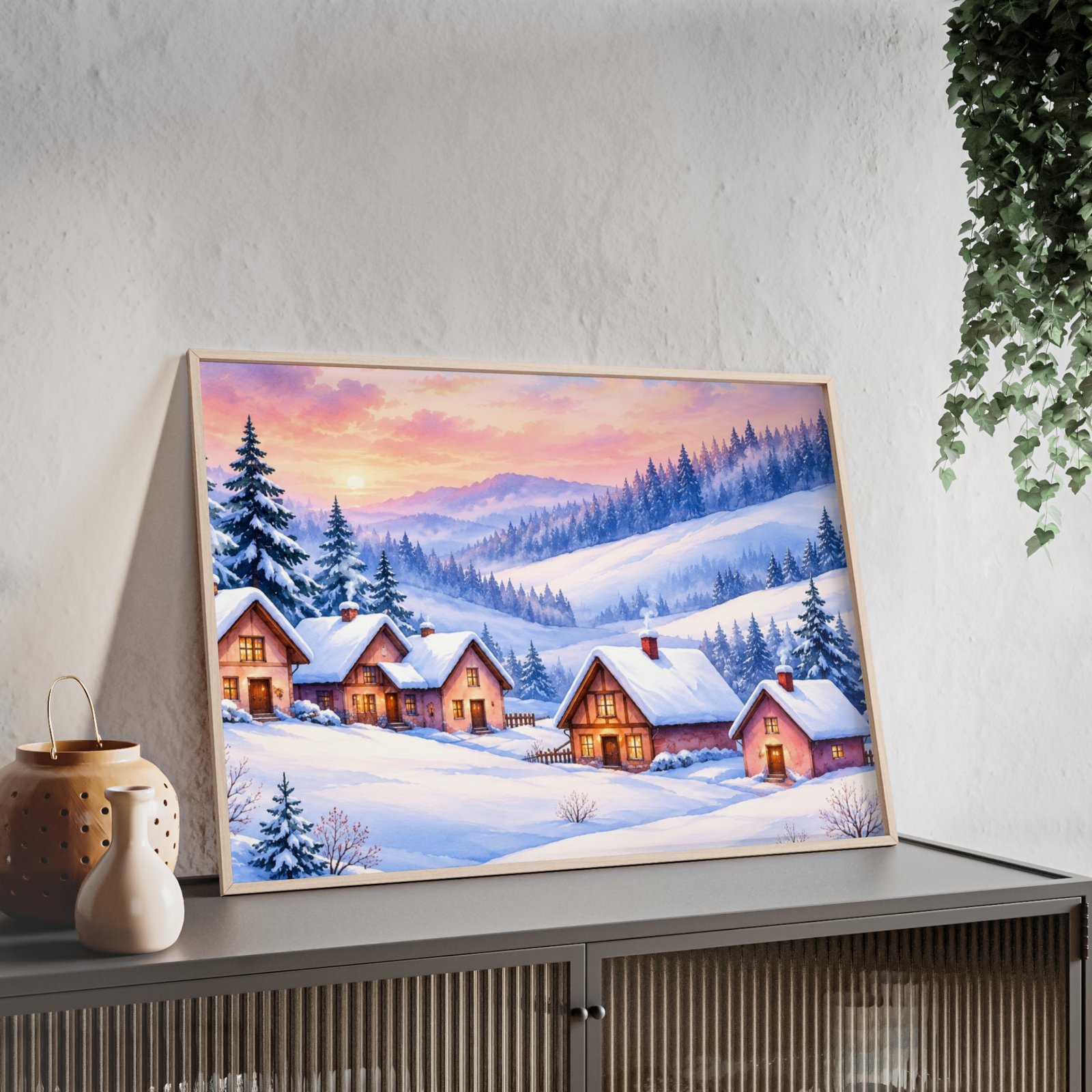 Framed Winter Village Landscape Poster - Image 2