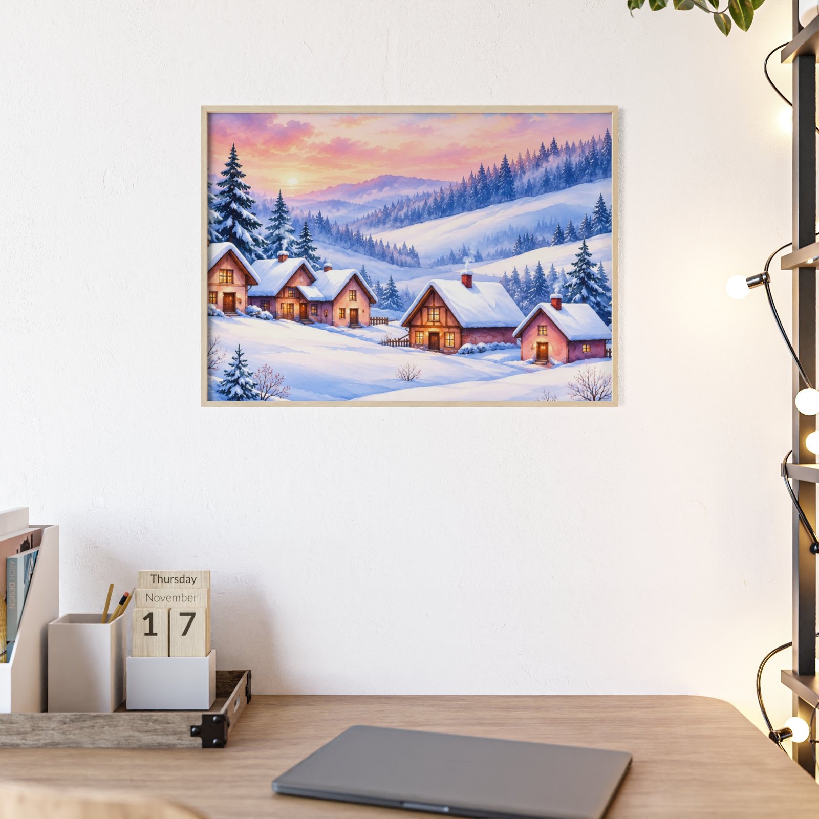 Framed Winter Village Landscape Poster