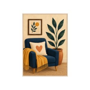Framed Poster – Cozy Mid-Century Living Room Art with Heart Accent