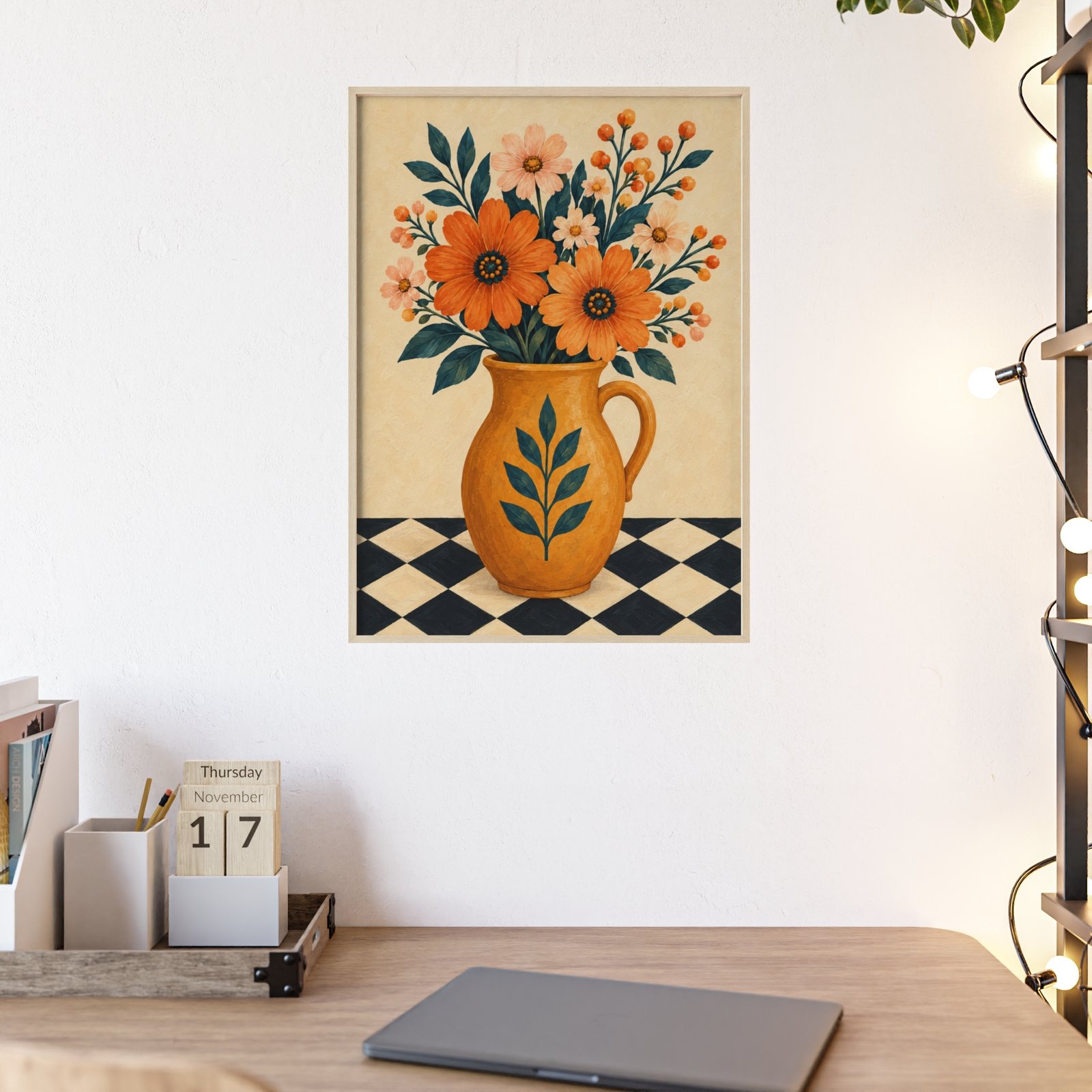 Framed Floral Vase Poster – Vintage Orange Flowers and Checkered Tabletop Wall Art - Image 2