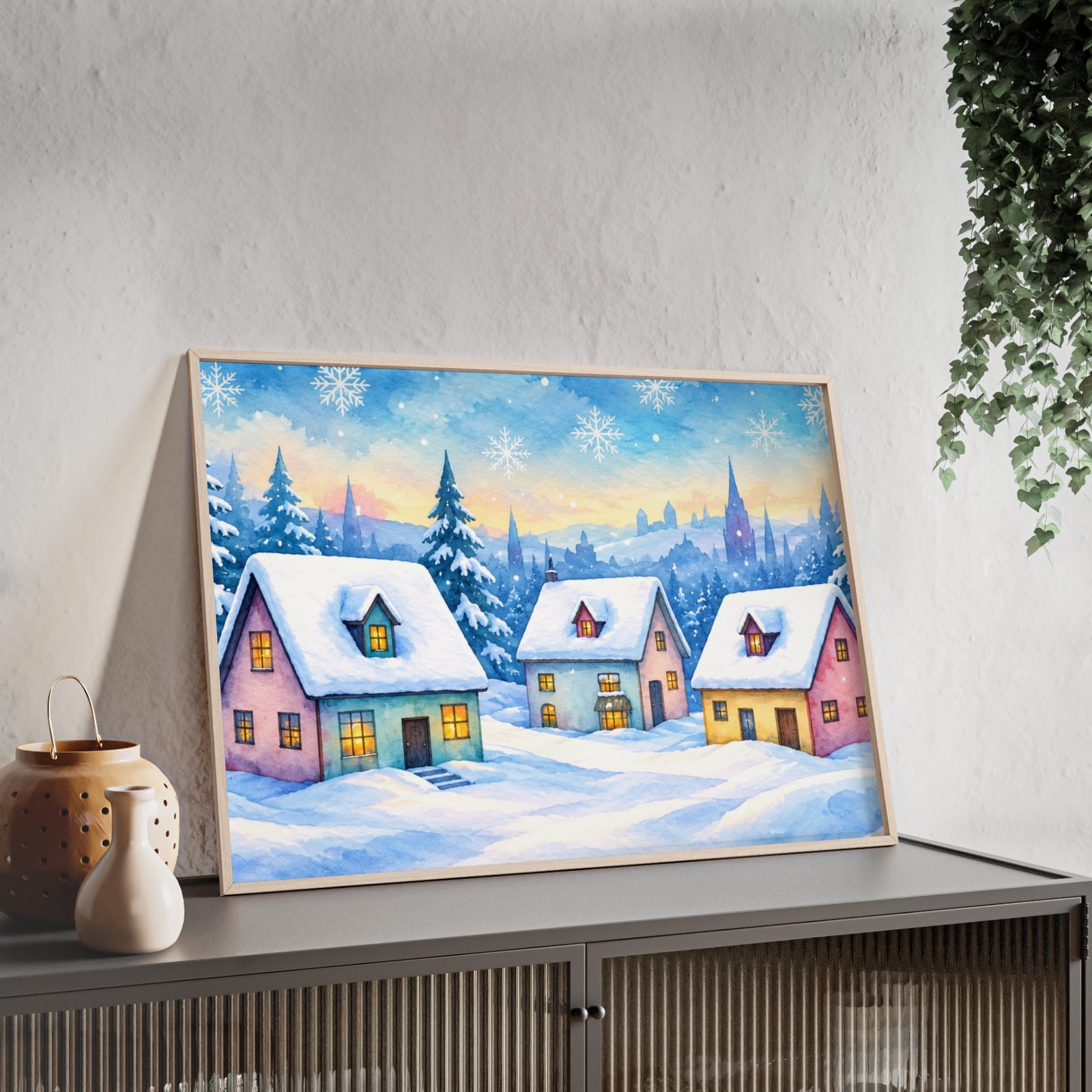 Winter Village Snowy Christmas Poster with Wooden Frame - Image 2