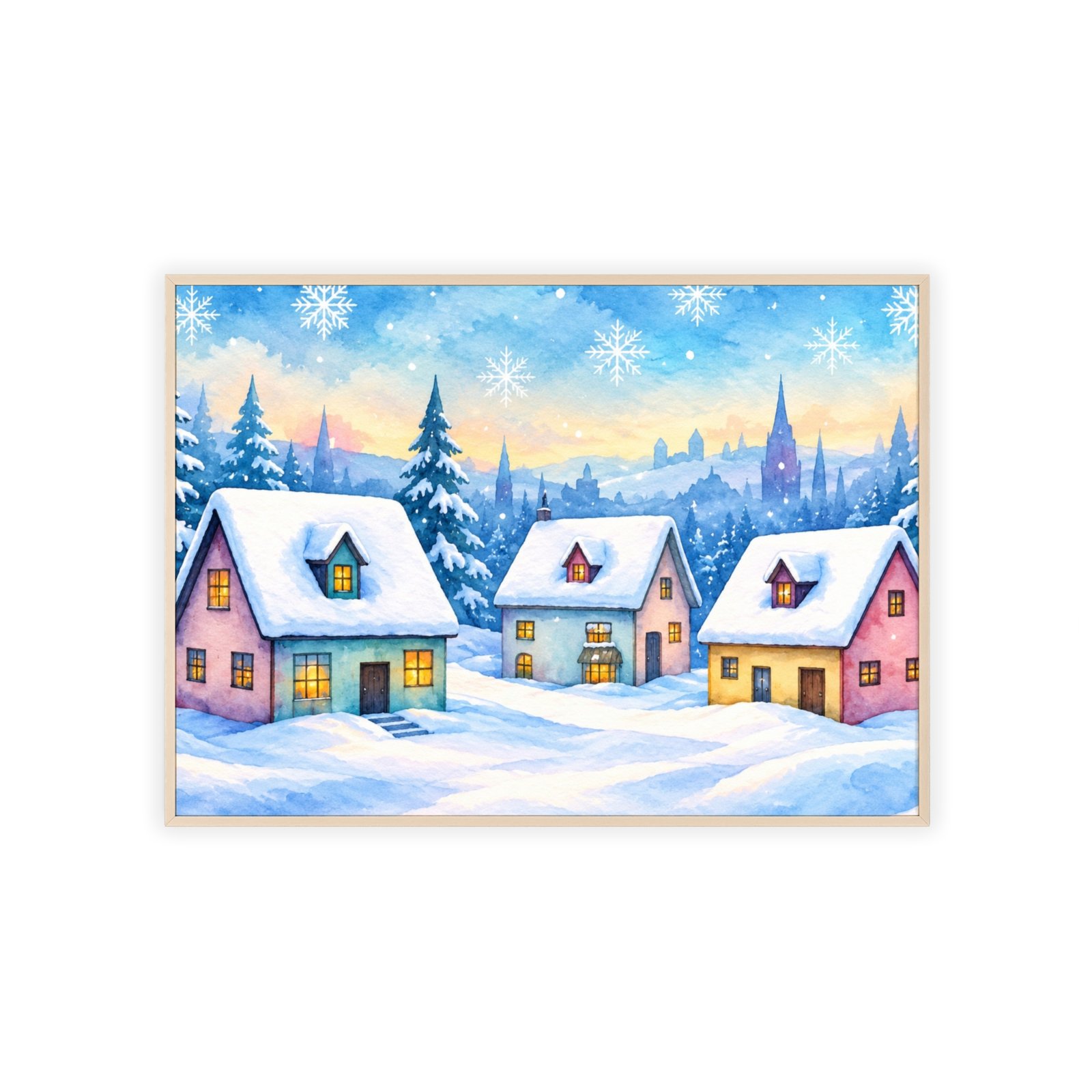 Winter Village Snowy Christmas Poster with Wooden Frame - Image 3