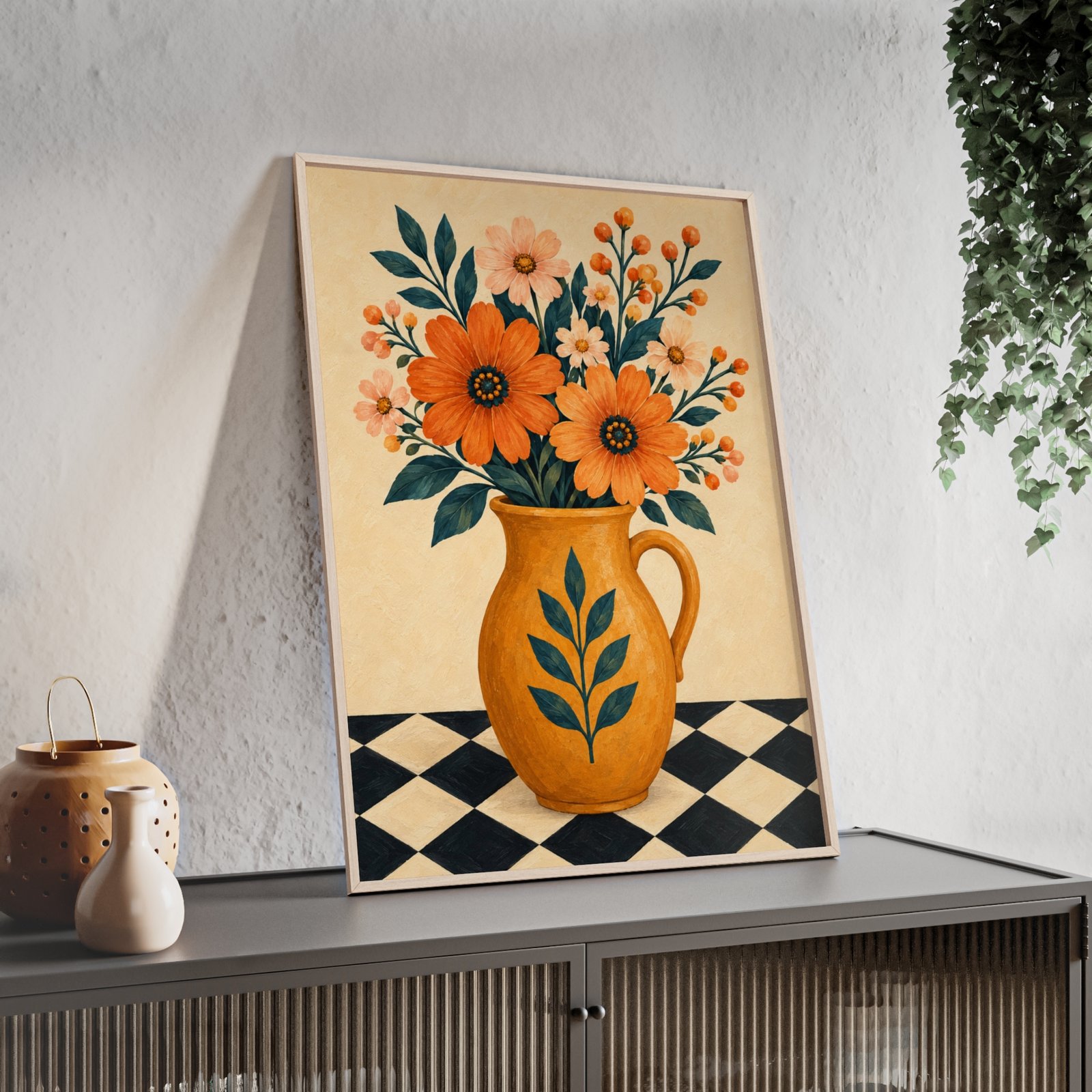 Framed Floral Vase Poster – Vintage Orange Flowers and Checkered Tabletop Wall Art - Image 4