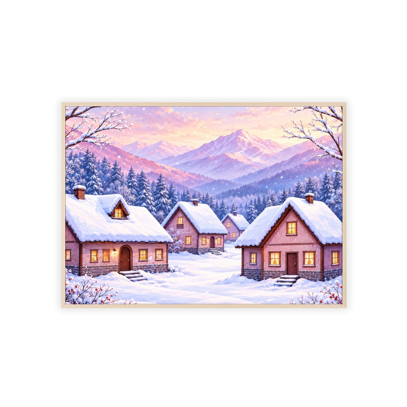 Framed Winter Village Mountain Landscape Poster - Image 3