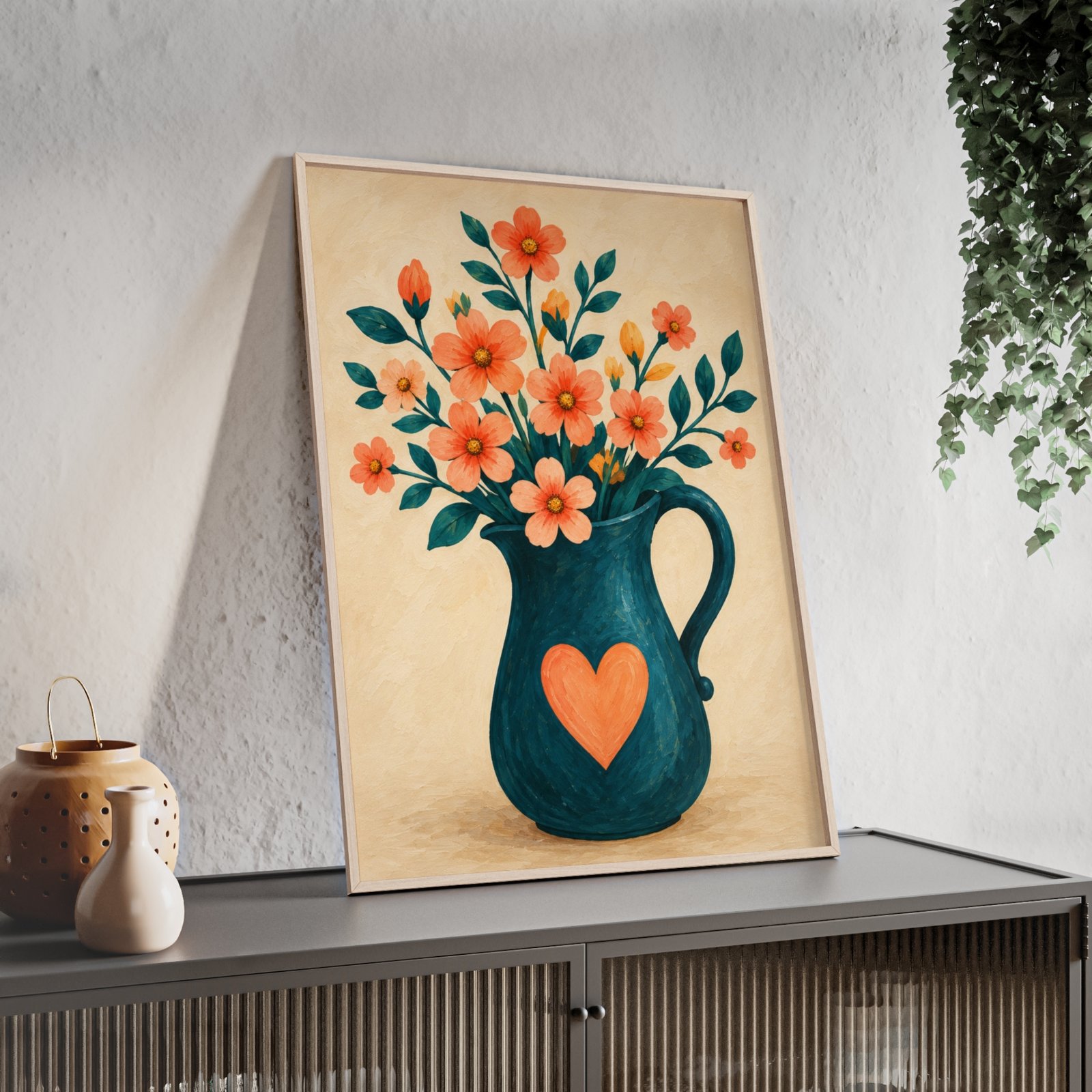 Framed Floral Vase Poster with Heart Design - Image 2